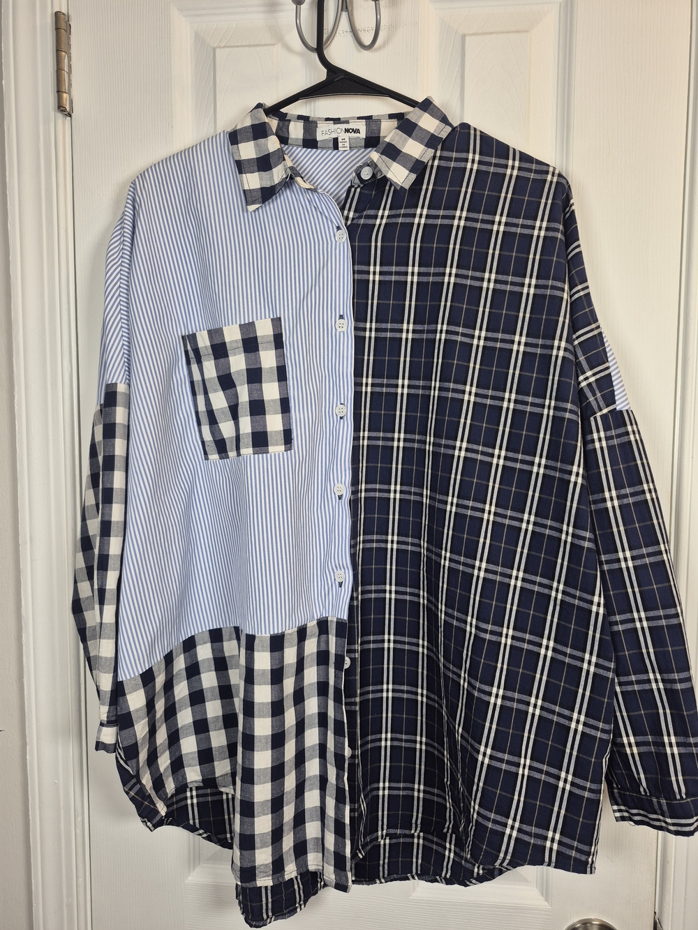 Fashion Nova Oversized Mixed Media Patchwork Plaid Stripe Button Down Shirt M